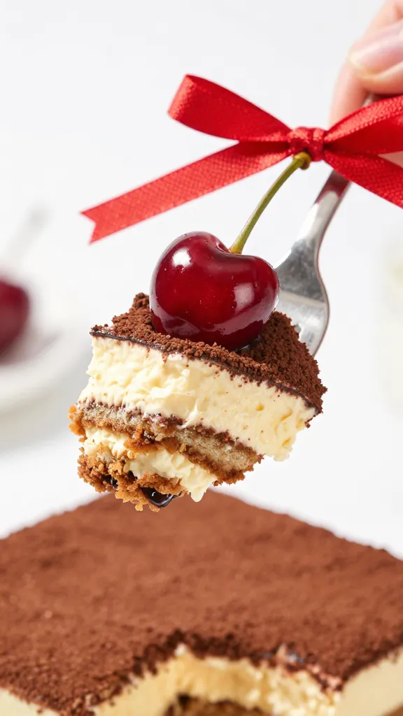 fork holding bite of tiramisu showing cherry ribbon