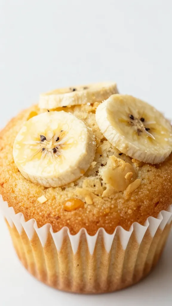 closeup of a single cottage cheese banana muffin, split open