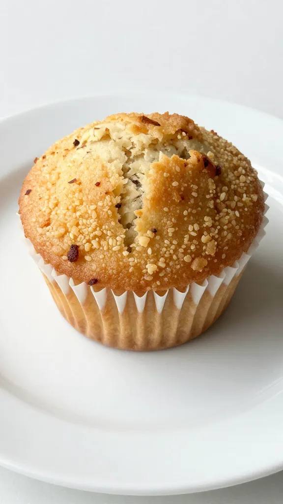 single muffin on white plate with visible banana crumb
