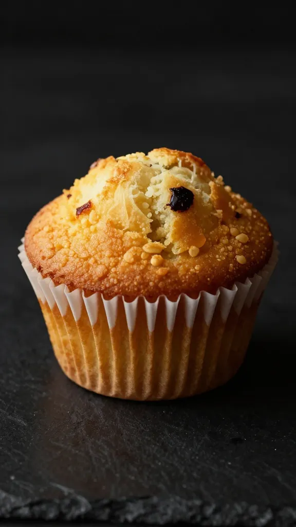 single golden muffin in parchment liner, side-lit