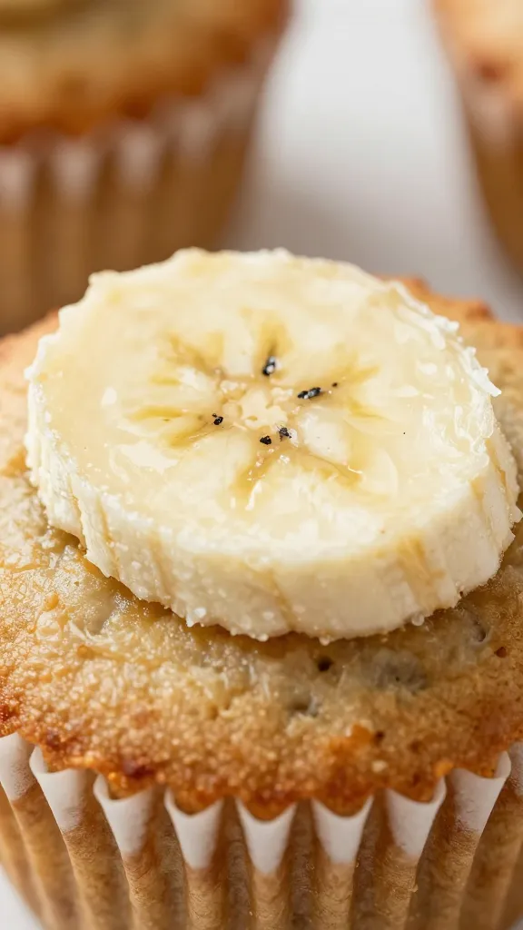 banana slice pressed into muffin top, extreme closeup