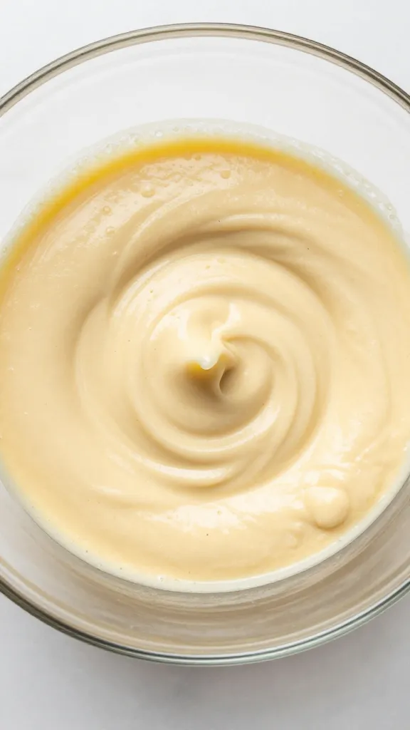 one-bowl batter swirl in glass mixing bowl, overhead