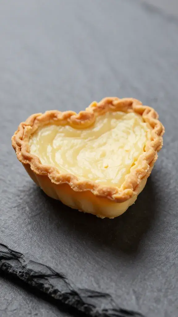 closeup of a single mini quiche heart on slate