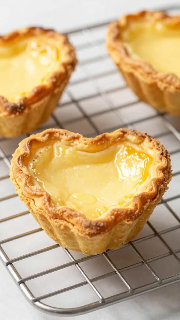 golden mini quiche heart on cooling rack, shallow depth