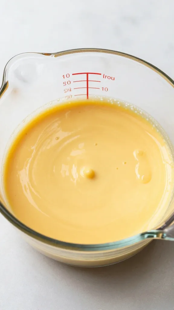 whisked quiche custard in glass measuring cup, overhead