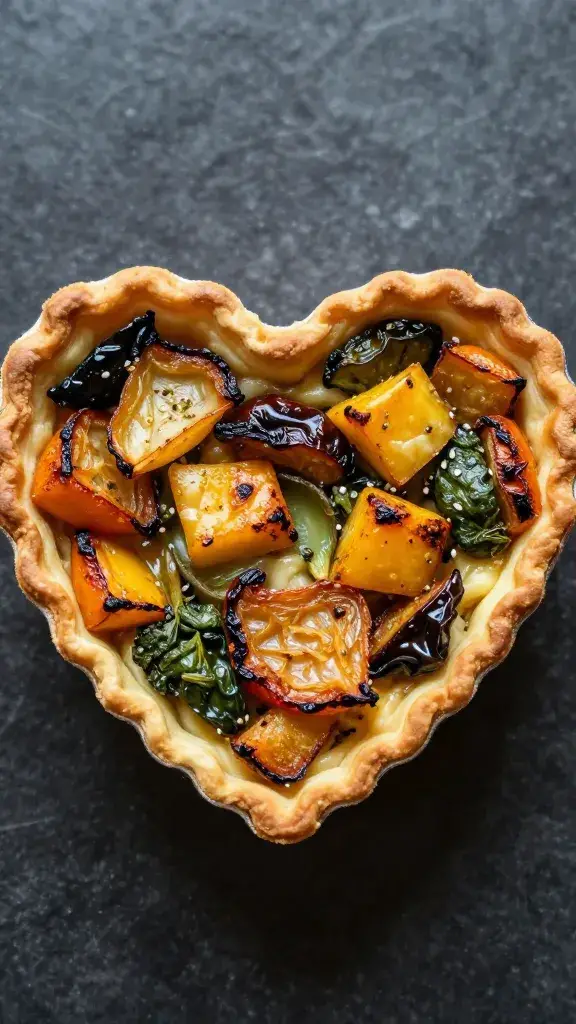 mini quiche heart with roasted veggie filling, top-down
