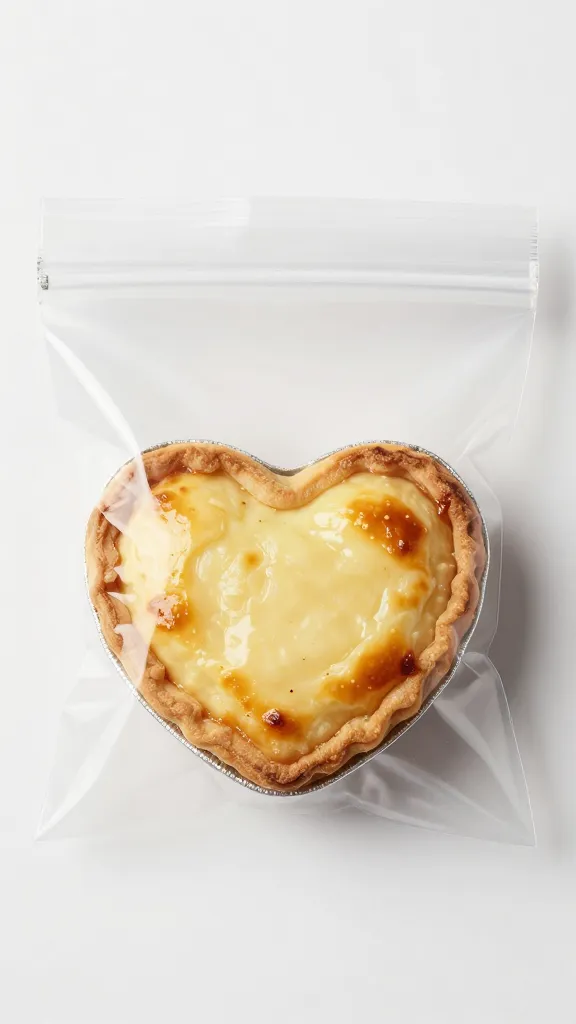 frozen baked mini quiche heart in labeled freezer bag