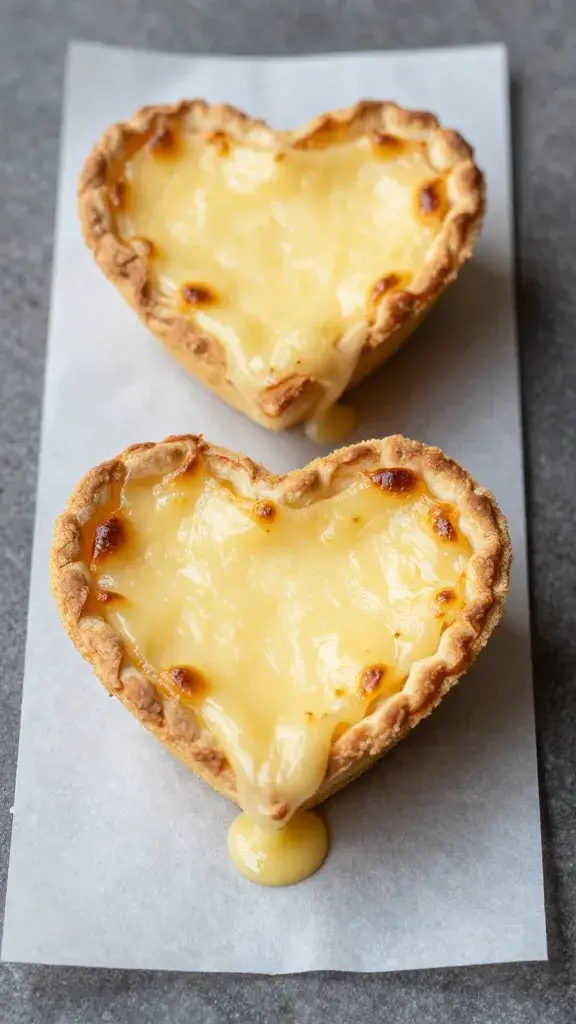 melted cheese-topped mini quiche heart on parchment strip