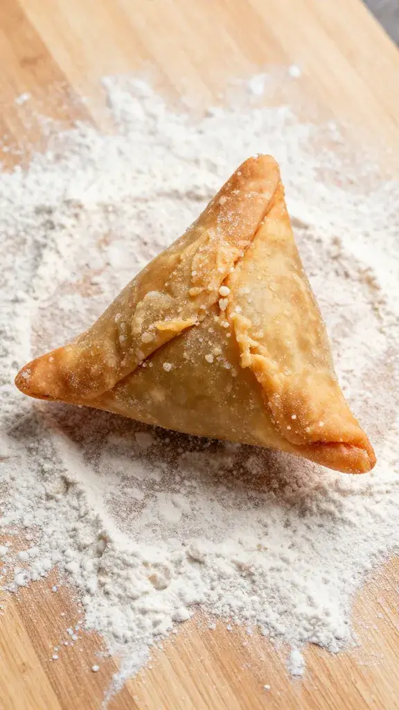 single uncooked samosa triangle on floured wooden board