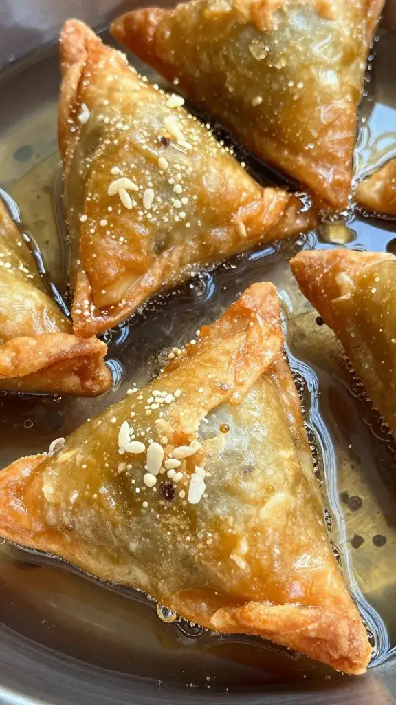 closeup of a samosa being fried in shimmering oil