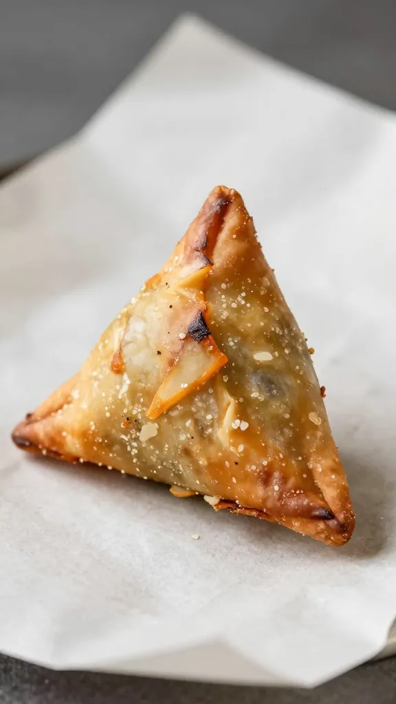 single baked chicken samosa on parchment, blistered crust
