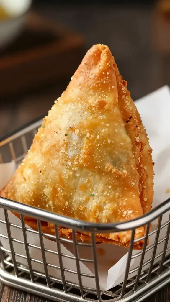 single air-fried samosa in basket, crisp golden surface