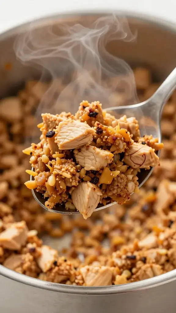 spoonful of spiced minced chicken filling, steaming