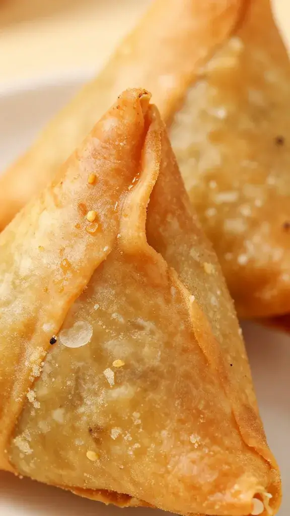closeup of samosa crimped edge, perfectly sealed pleats
