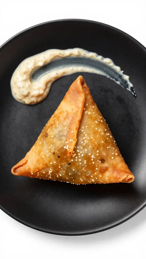 single samosa on matte black plate with chutney smear
