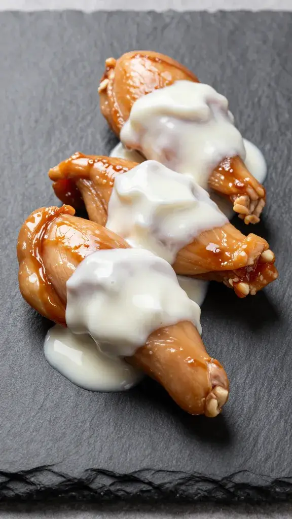 yogurt-marinated chicken tender, glossy, on slate board