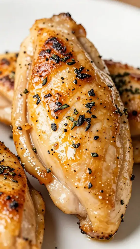 seared chicken tender with oregano flecks, macro shot