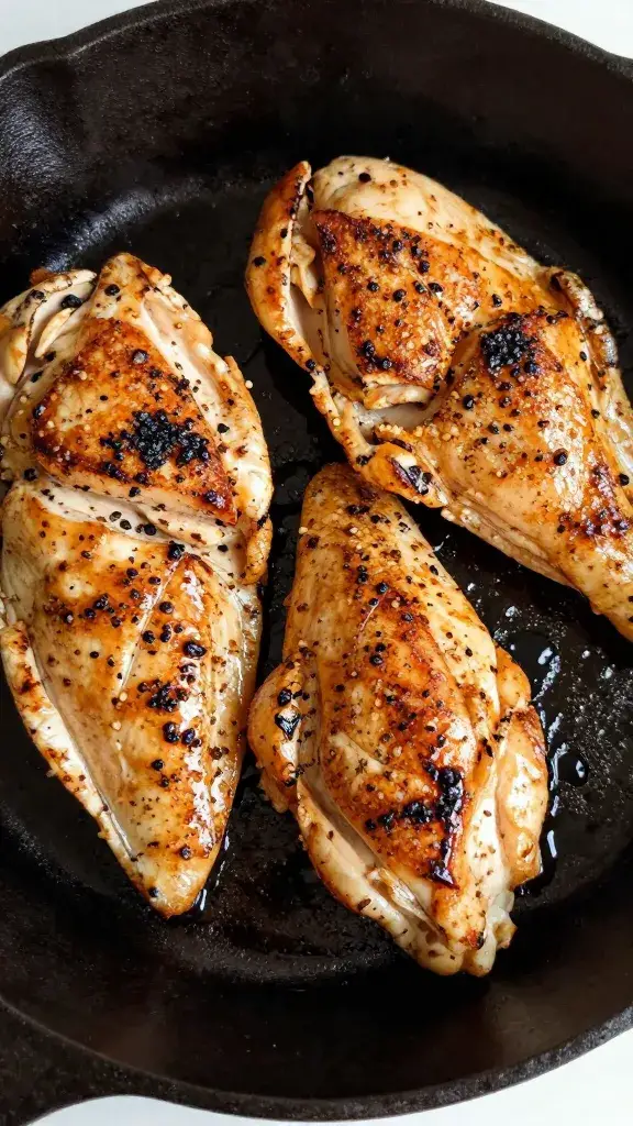 pan-seared chicken tender in cast-iron, overhead closeup