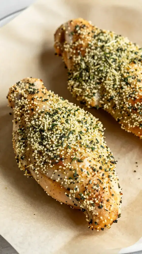 herb-crusted chicken tender on parchment, soft light