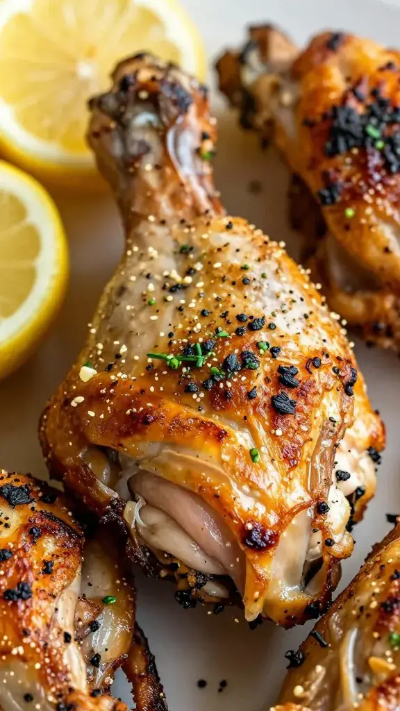 closeup of Lebanese lemon-garlic chicken thigh, charred edges