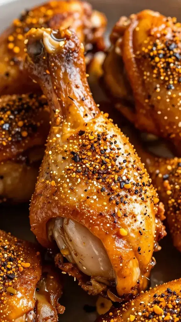 roasted chicken drumstick with visible baharat spice crust