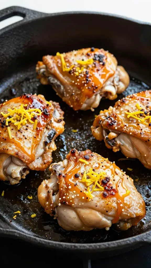 sizzling chicken thigh in cast-iron pan, lemon zest visible