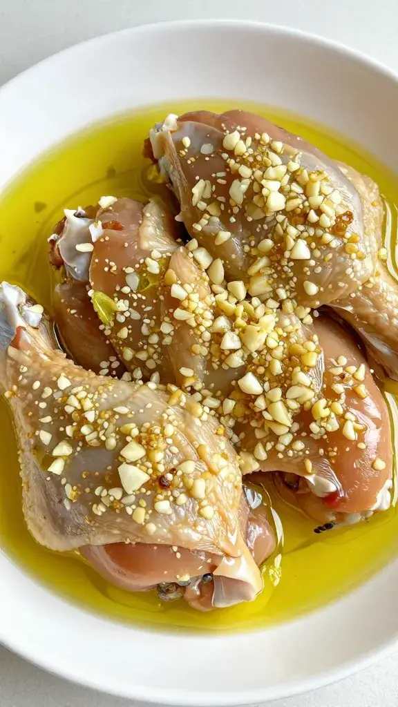 marinated chicken thigh in olive oil, crushed garlic coating