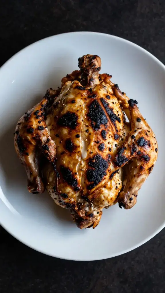 single plate of Lebanese chicken with char marks, moody light