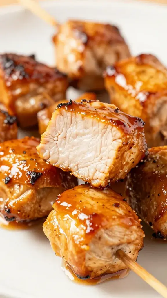 chicken kebab cube, juicy cross-section, citrus glaze sheen