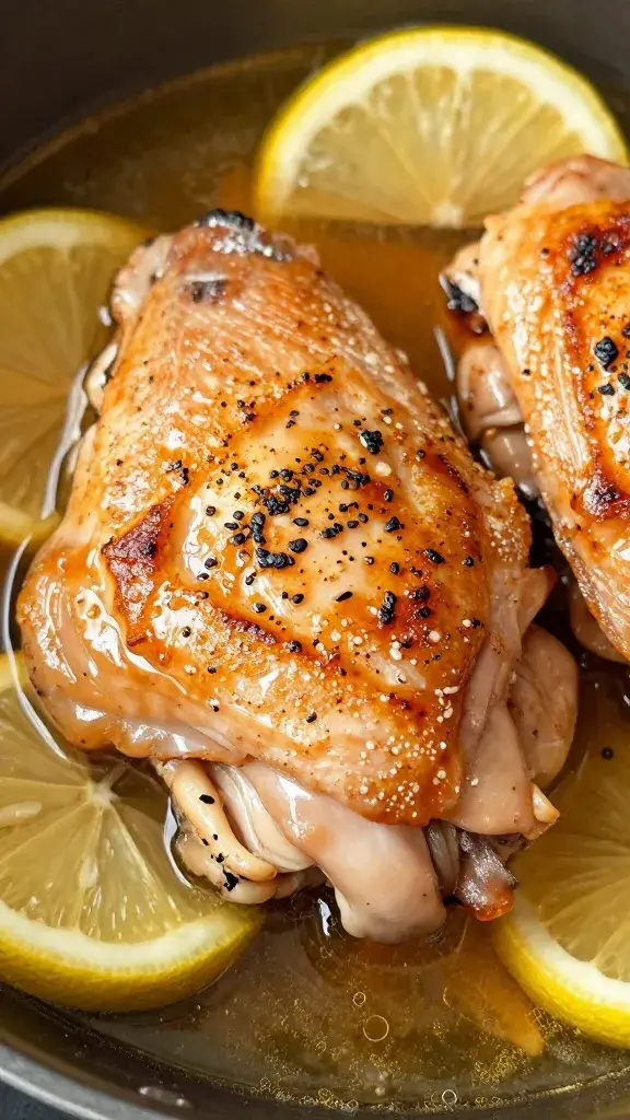 seared chicken thigh resting in lemony pan juices, closeup