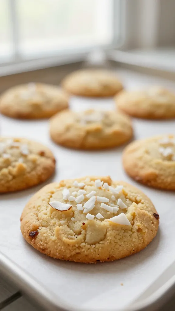 closeup no-bake coconut cookie on parchment, soft window light