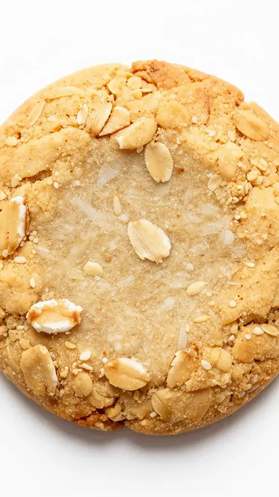 single oat-studded no-bake coconut cookie, overhead macro