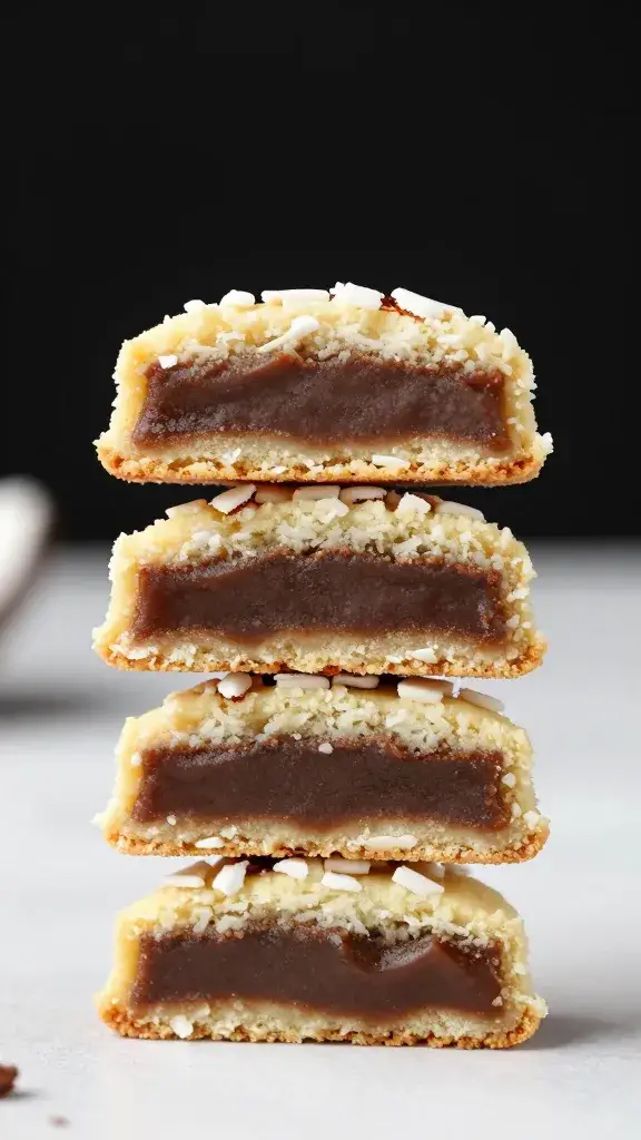stacked no-bake coconut cookie halves, fudgy interior visible