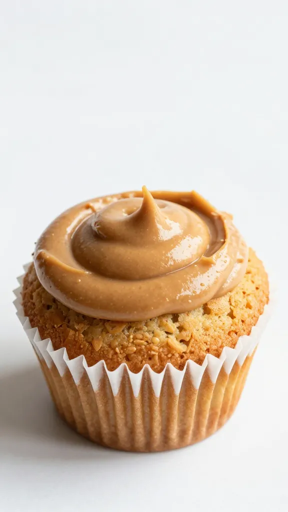 single muffin split open, peanut butter swirl visible