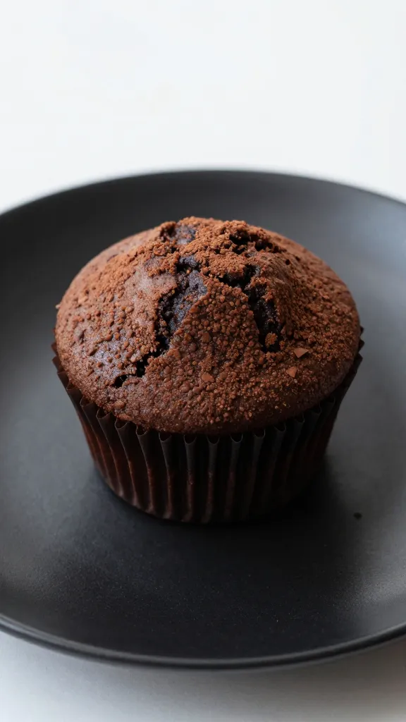 single muffin on matte black plate, cocoa dusted