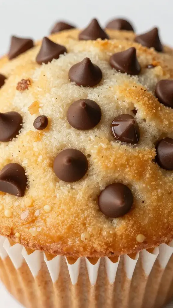 closeup of muffin crown with melted chocolate chips