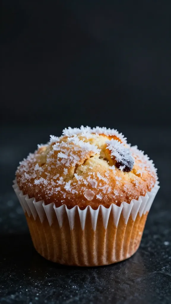 single frozen muffin with frost crystals, dark background