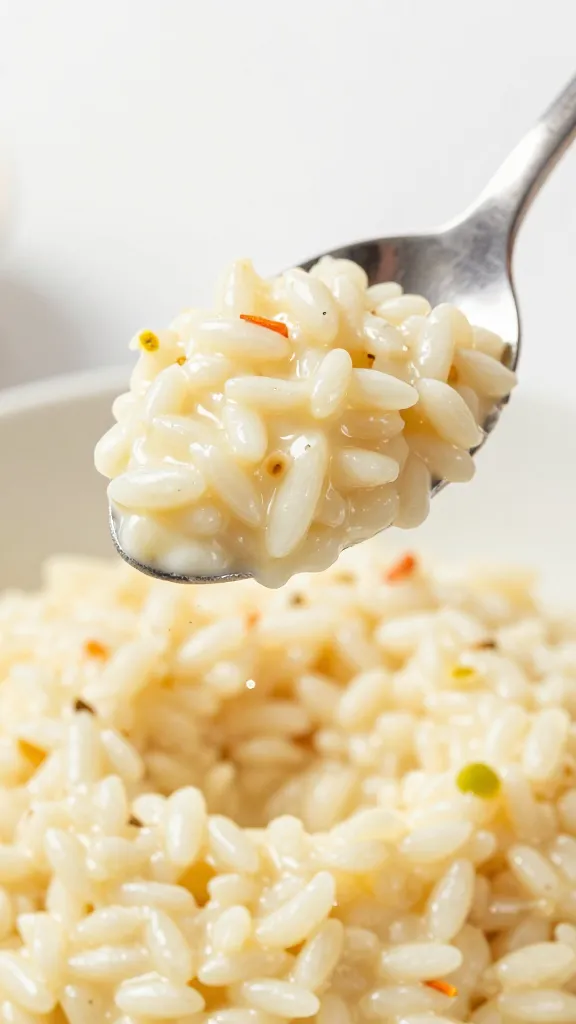 closeup spoonful of creamy parmesan risotto mid-air