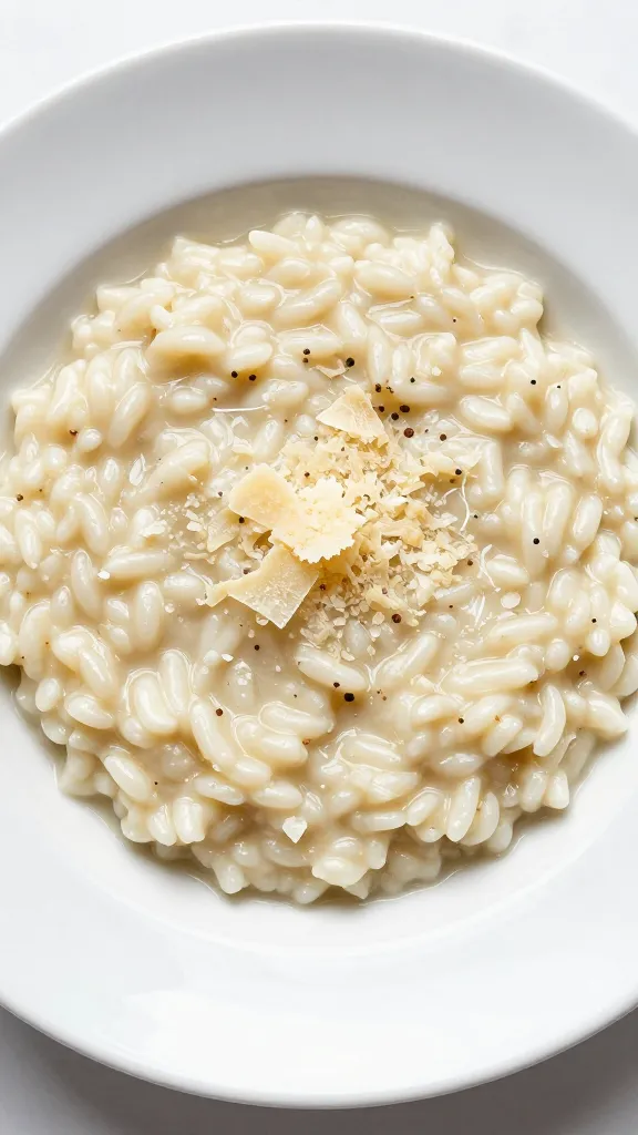 single white bowl of risotto with parmesan shards
