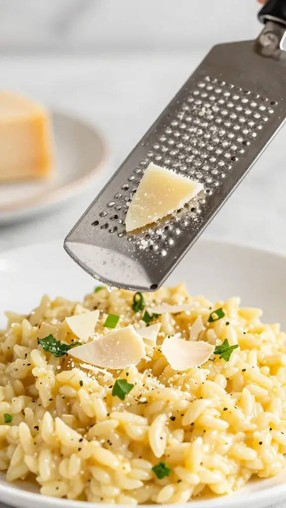 microplane grating parmesan over risotto, suspended flakes