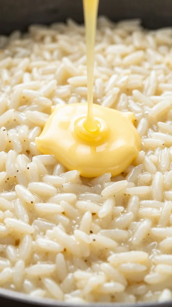 melted butter pat sinking into hot risotto