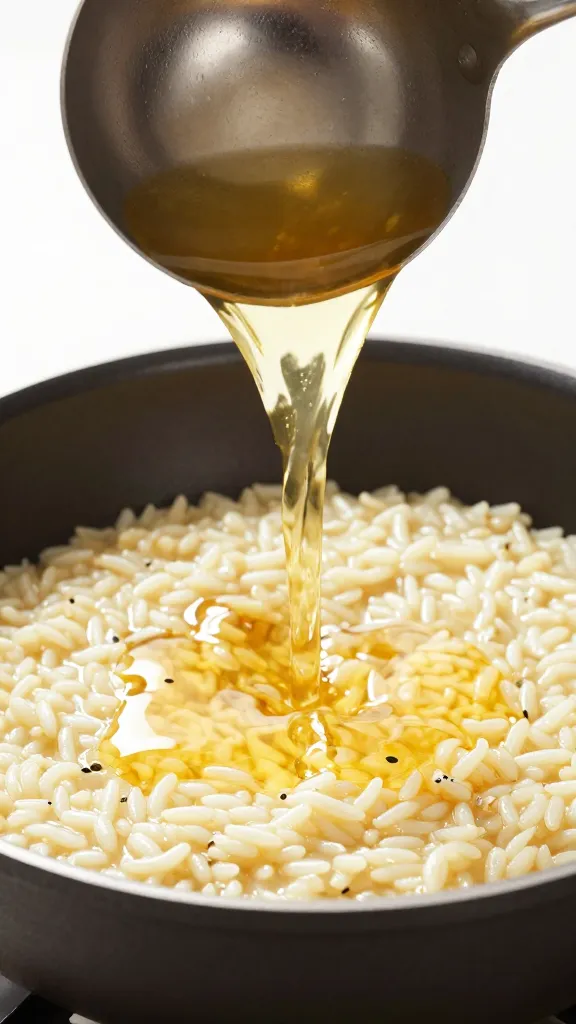 ladle pouring golden broth into risotto pan