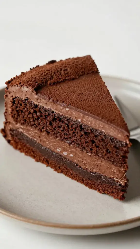 closeup slice of Baileys chocolate coffee cake on matte plate