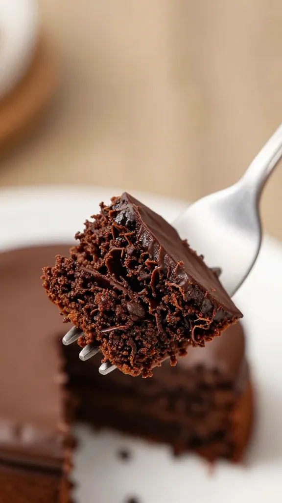 single forkful of moist chocolate coffee cake on fork