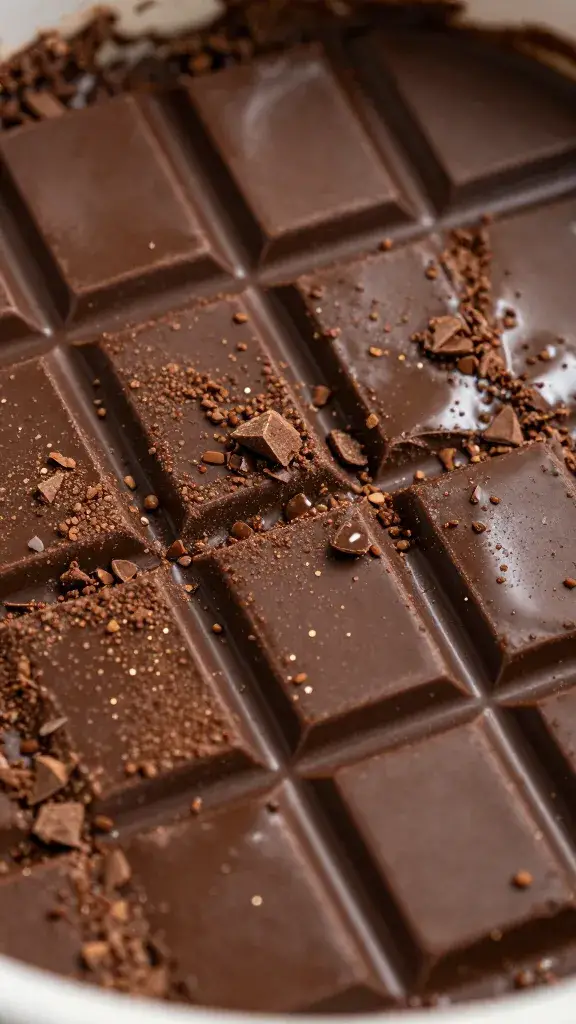 shiny chopped dark chocolate folded into batter, closeup