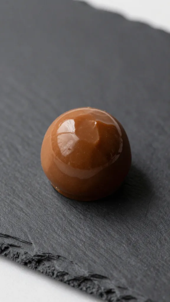 single caramel espresso truffle on matte black slate