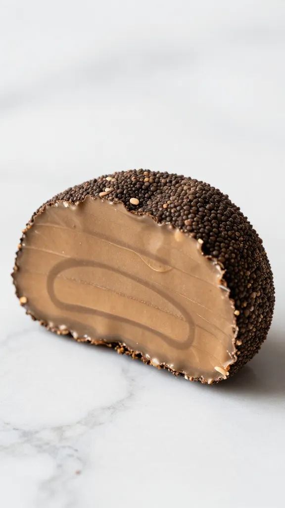 cut truffle exposing layered ganache, marble surface
