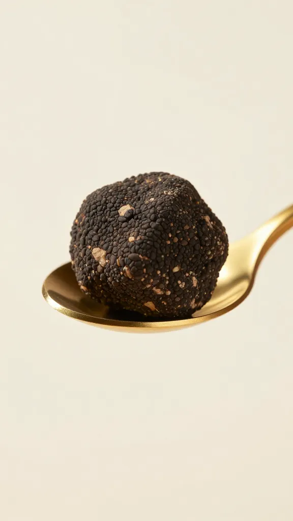 single truffle on gold spoon, soft diffused light