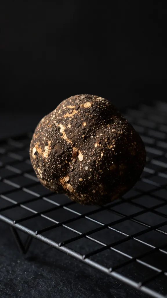 single truffle on cooling rack, dramatic side light