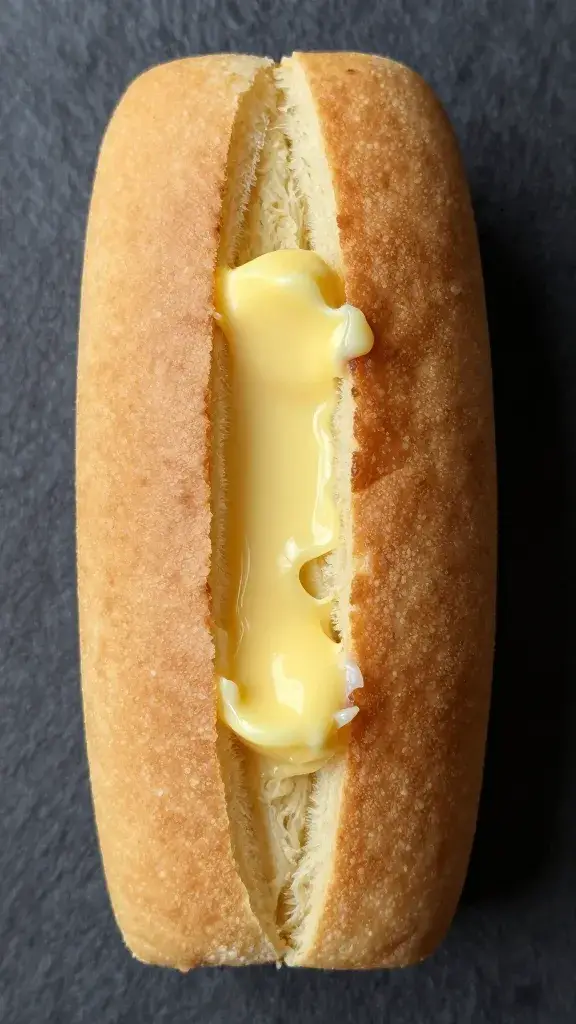 top-down of one Hawaiian roll split, melting garlic butter